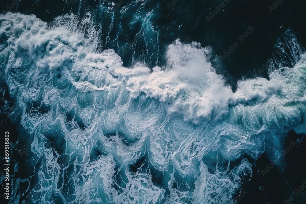 Poster a large wave crashing into the ocean, with foam and spray in the air. scene is powerful and dynamic,