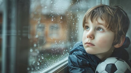 While waiting for rain, a child with a soccer ball outside the window is playing outside, feeling unhappy and impatient. Boredom, loneliness, and a small child by a glass of football
