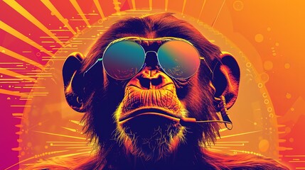 Funny monkey in earphones and mirror glasses on abstract orange background. 80s vibe, synthwave style, AI Generative. synthwave monkey. Illustrations