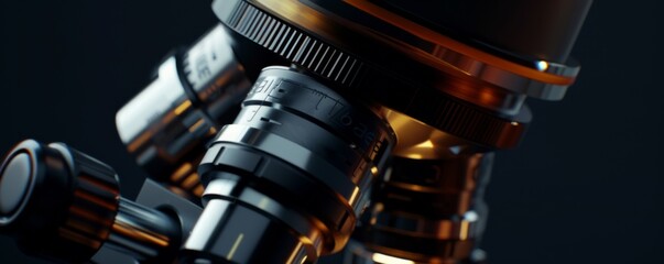 Close-up of microscope with metal lens, healthcare concept panorama. Generative AI.