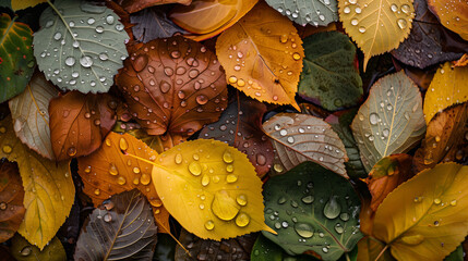 A top view of various leaves on the ground, with water droplets glistening and reflecting light. The colors range from deep greens to vibrant yellows, symbolizing autumn's beauty.