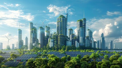 Naklejka premium Futuristic eco-friendly cityscape with towering green buildings, wind turbines, and solar panels against a clear blue sky.