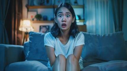 Obraz premium A young Asian woman, terrified and startled by the horrible narrative of the horror film she is sitting on the living room sofa at home, is sitting in shock.Idea of emotions