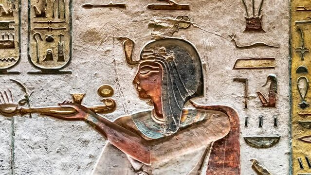 Artwork in the tomb of Ramses III in the Valley of the Kings near Luxor, Egypt.
