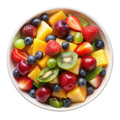 Fruit salad with mixed berries including strawberries, blueberries, kiwi, and grapes, garnished with fresh mint leaves. Isolated on transparent background, png.
