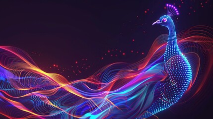abstract music in the form of energetic and rhythmic sound waves. synthwave peacock. Illustrations