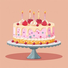 Colorful Birthday Cake with Candles and Berries
