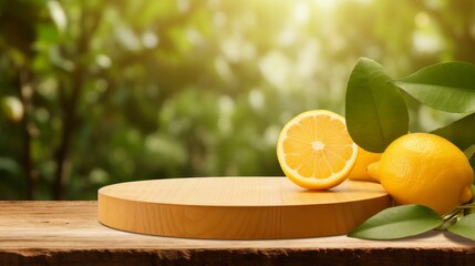 Lemon podium showcase  fresh citrus display stand for cosmetic presentation on wooden stage