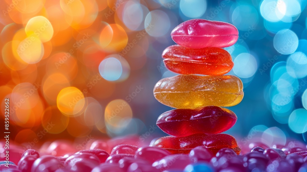 Poster a mesmerizing stack of colorful candies showcased against a dazzling background filled with bokeh, p