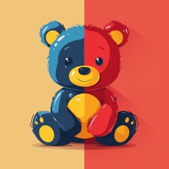 Obraz premium Cute 3D-rendered teddy bear with a split-tone color scheme of blue and red, sitting against a two-tone background. 