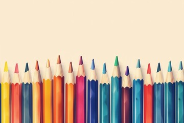 A row of sharpened colorful pencils neatly arranged against a light background, perfect for art, school, and creative projects.
