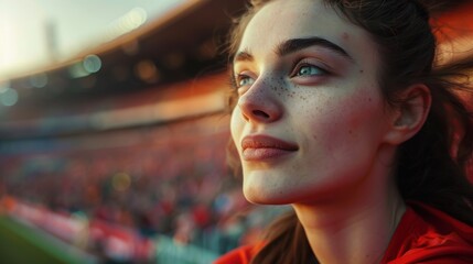 stadium soccer supporters' feelings, a woman's face, and a panoramic view