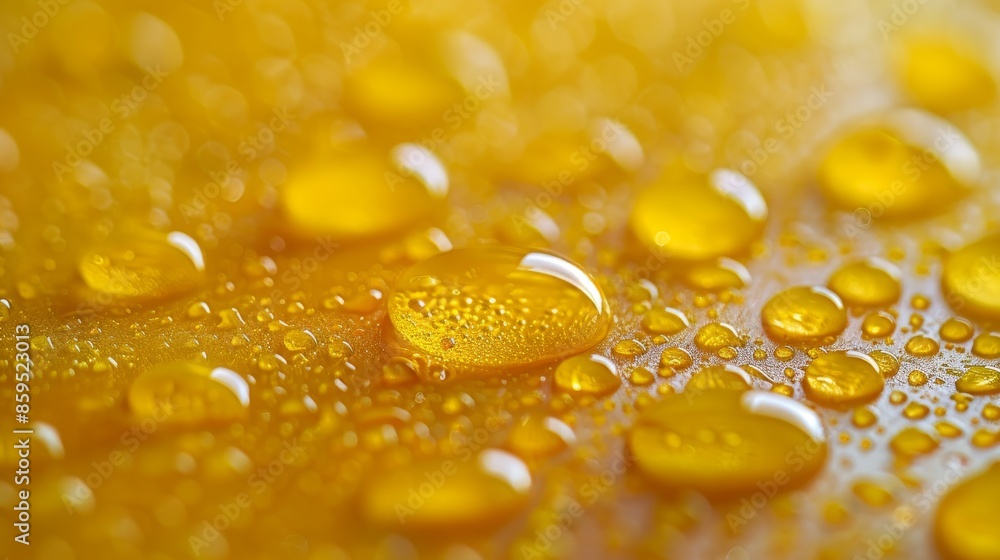Poster this image captures an intricate close-up of numerous golden liquid droplets scattered across a glea
