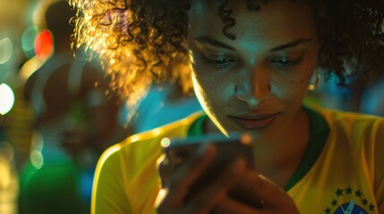 Brazil-supporting young lady sending text messages on her phone