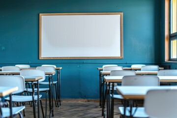 Empty Classroom with Whiteboard and Blue Walls

