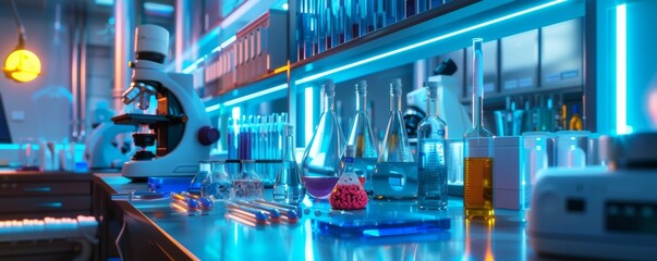 Beaker with formula in science laboratory with bacteria, healthcare concept panorama. Generative AI.