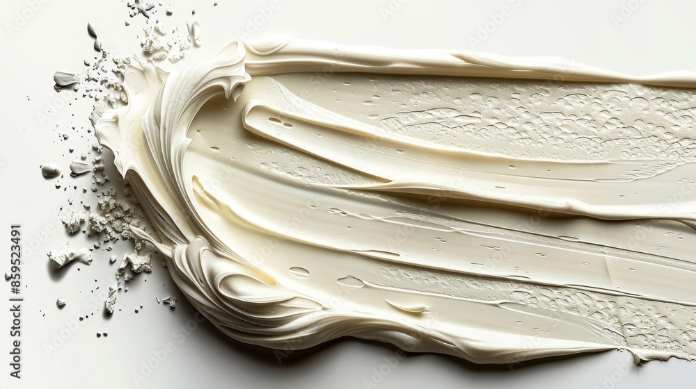 Poster close-up of an artistic spread of smooth white cream across a flat surface, showing intricate textur