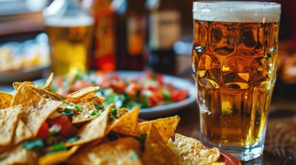 Beer and nachos at a sports pub table