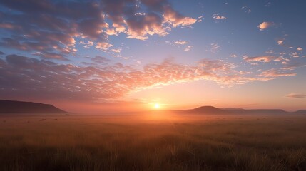 Obraz premium Stunning sunrise over a vast, misty field with a beautiful sky filled with vibrant colors and distant hills on the horizon.