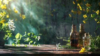 Aromatic Bottles in a Sunlit Garden Setting