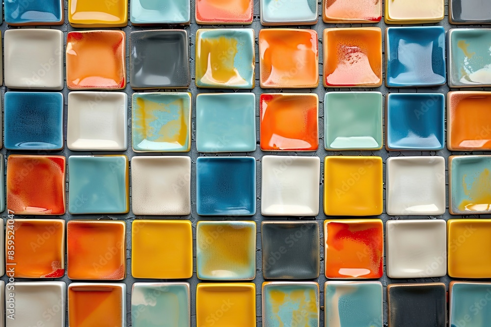 Poster a colorful mosaic tile wall with a variety of colors including yellow, blue, and orange. the tiles a