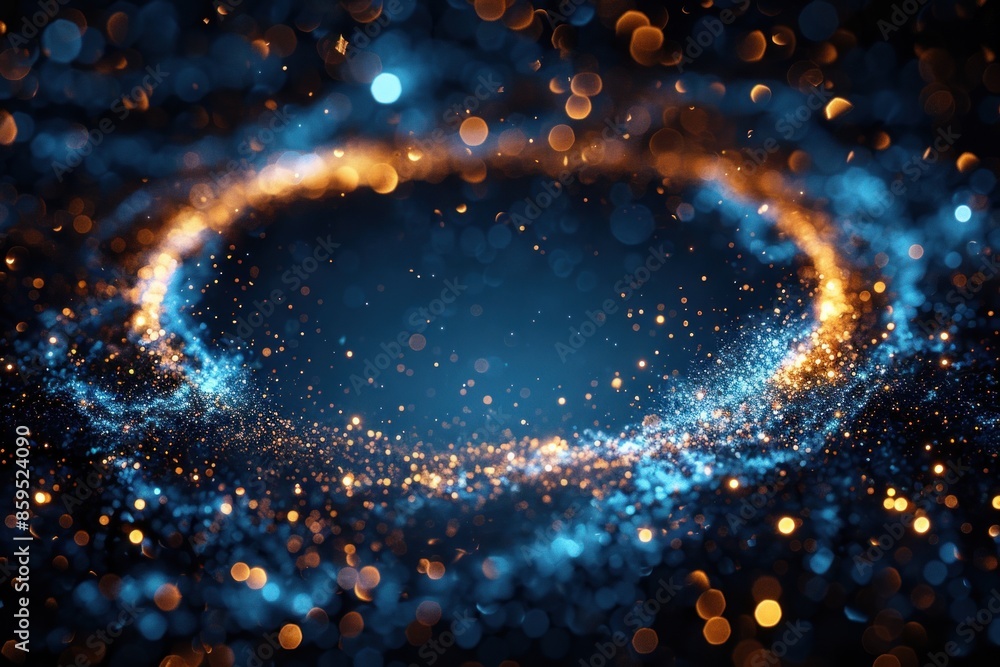 Poster blue color circle frame firework confetti of light golden spark particles on black background. ai ge