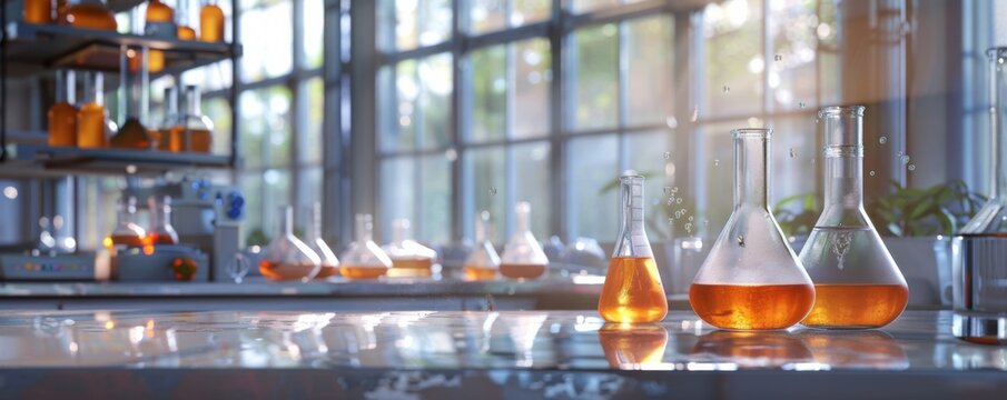 Beaker with formula in science laboratory with bacteria, healthcare concept panorama. Generative AI.