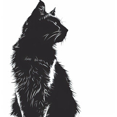 A black and white drawing of a cat looking up