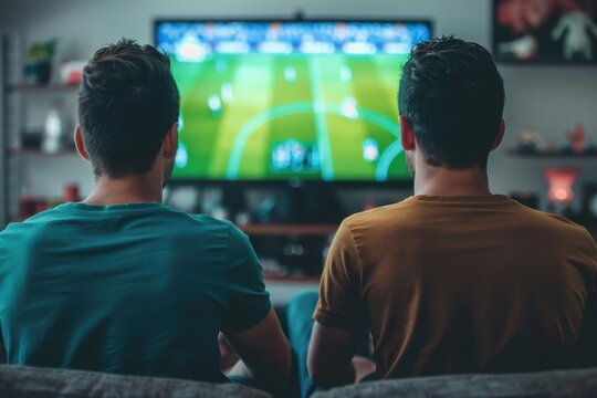 A pair of male friends enjoy watching soccer together on the television in their former house. - Powered by Adobe