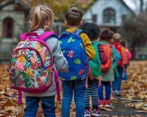 Fototapeta premium Leafy outdoor scene with children lined up, each wearing colorful backpacks.Back to school concept. 