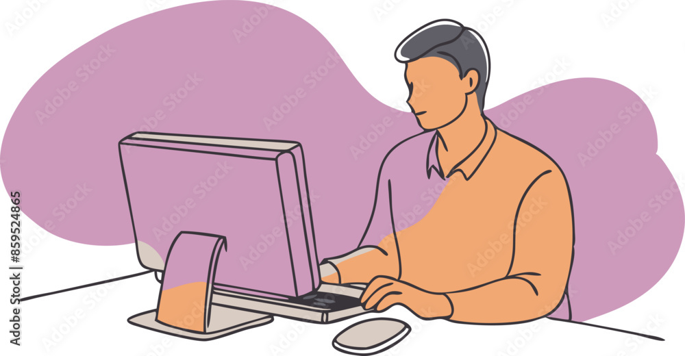Poster a man is sitting at a desk with a computer monitor in front of him