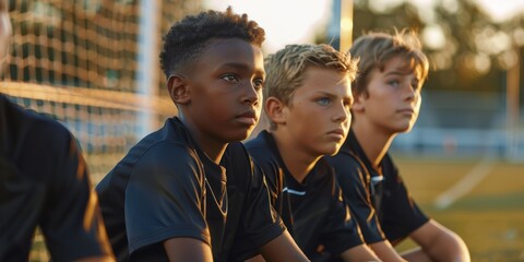 Youth Soccer Academy Team. Three football players, ready to play and watch the game, are sitting on the substitute bench. Children wearing black soccer jerseys Engage in Junior Soccer