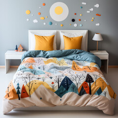 A bed with a colorful quilt that has a city scene on it.