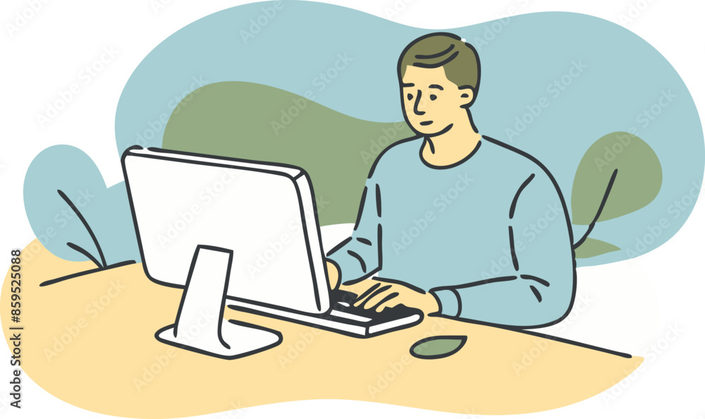 Poster a man is sitting at a desk with a computer monitor in front of him