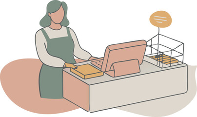 A woman is standing behind a counter with a cash register