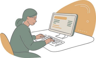 A woman is sitting at a desk and typing on a computer