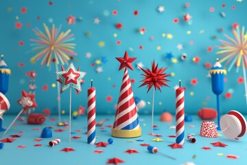 Fototapeta premium 3D model of fireworks and patriotic elements for Patriot Day.