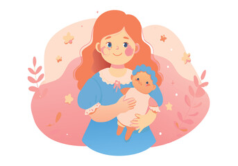 A woman is holding a doll in her arms