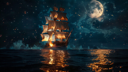 At night, a three-masted sailing ship burns in the sea, the moon shines in the sky, and the stars twinkle above.