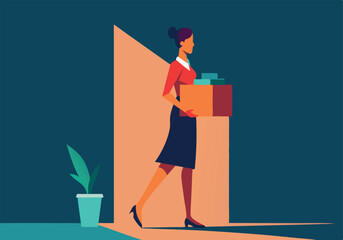 A woman is walking out of a room with a box in her hand