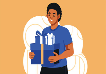 A man is holding a blue box with a white bow on it