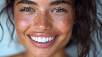 A close-up portrait of a smiling woman with curly hair, showing bright eyes and freckles, radiating joy and charisma, captured in a clear, warm setting.