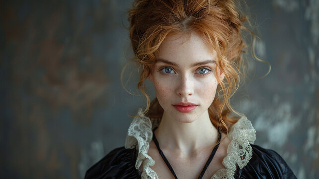 portrait of a 17th century English lady. 30 years old, black dress. Average British face. White pale skin. 