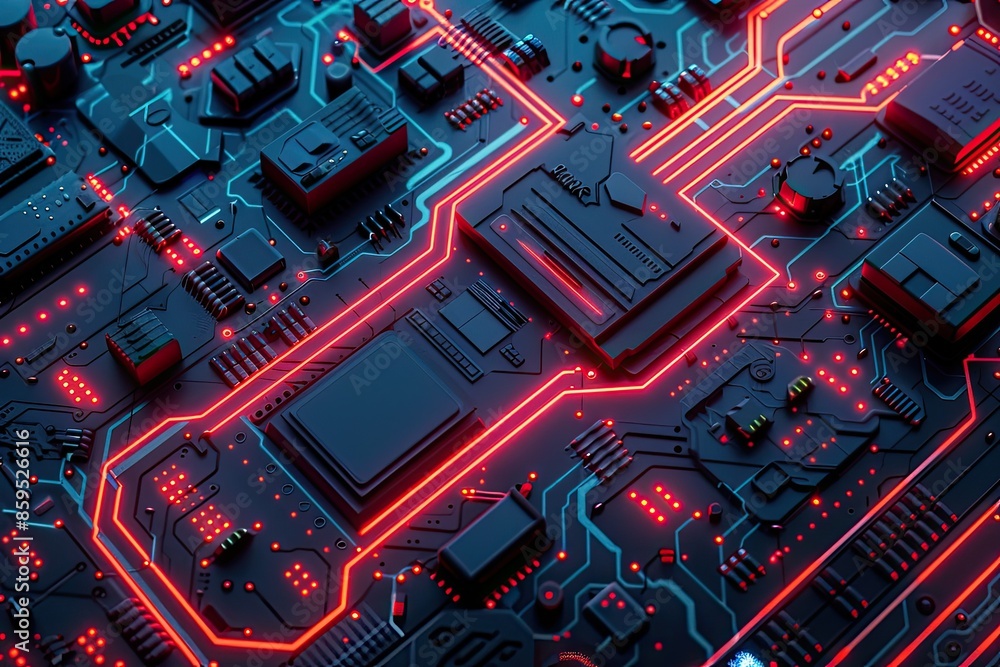 Poster a close up of a computer chip with red lights. concept of technology and innovation