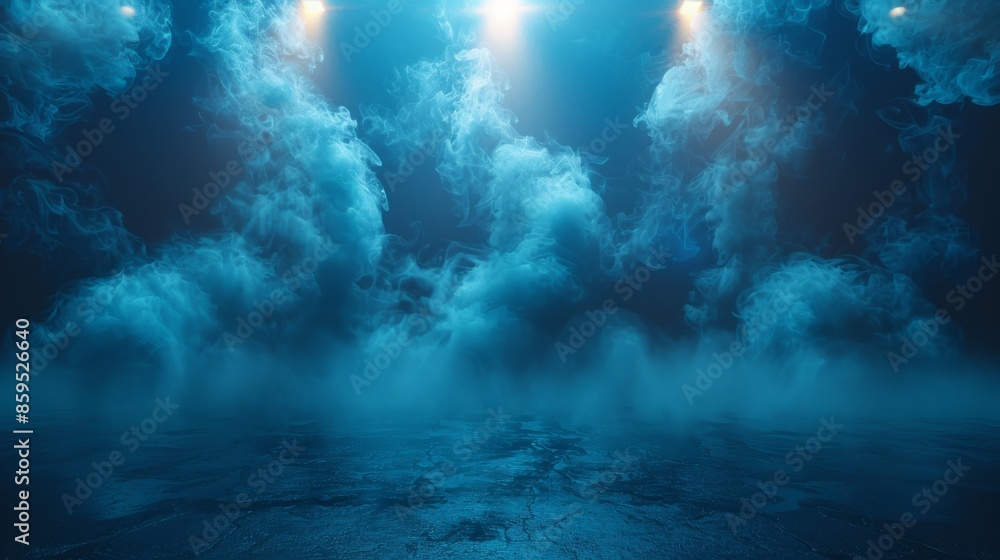 Poster a captivating image of ethereal blue fog illuminated by bright stage lights, creating a mystical and