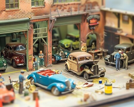 164 scale miniature old car showroom with mechanics working on classic cars, Miniature, Active automotive workshop scene - Powered by Adobe