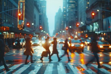 Obraz premium Blurry city street scene, People crossing the street. ai generative