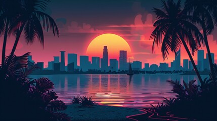 AI Generated. AI Generative. Old vintage cyberpunk vapor wave synthwave miami vice florida tropical landscape. Graphic Art. synthwave sunset. Illustrations