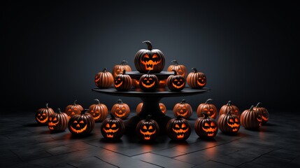 Halloween pedestal with jack o  lantern pumpkins for product display, ideal for showcasing items