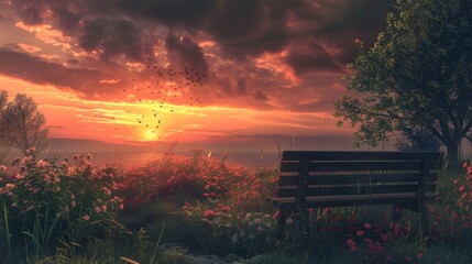 A bench is in a field of flowers with a sunset in the background. The sky is cloudy and the sun is setting